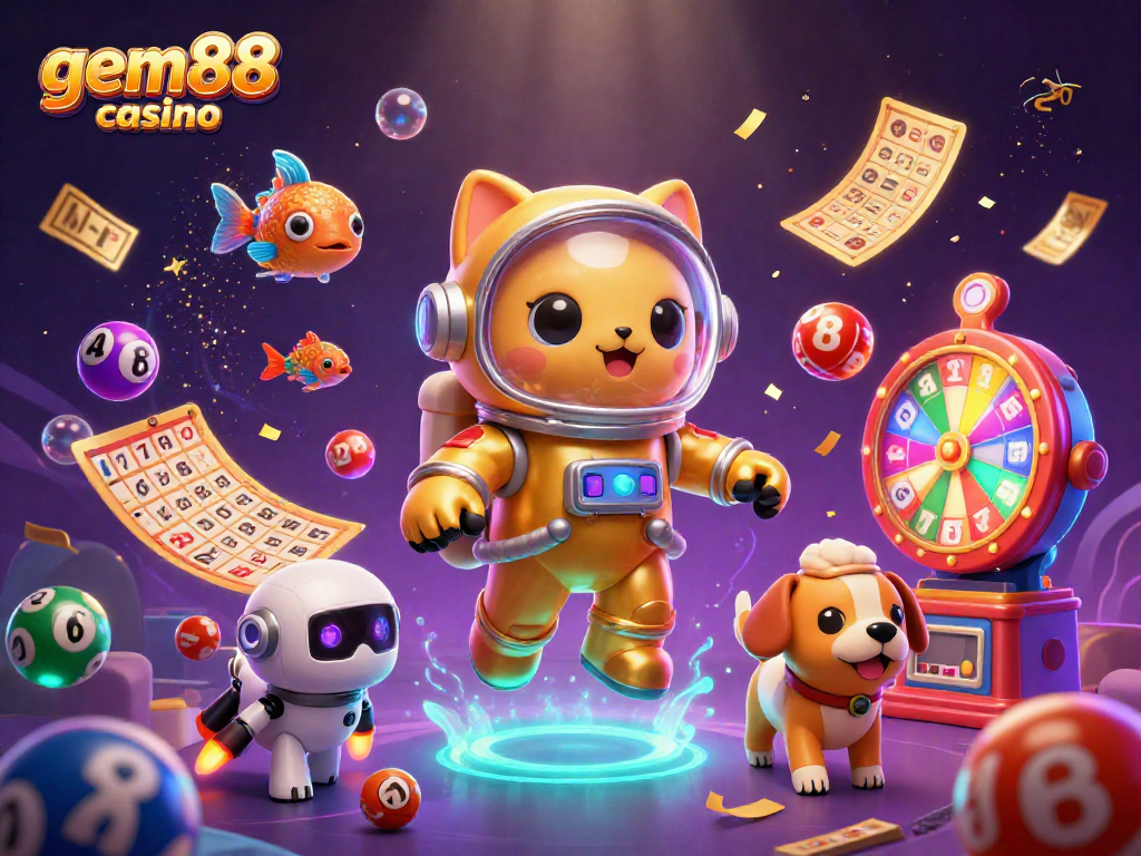 Experience the excitement of gem88 casino with vibrant lottery elements including bouncing balls and a dynamic prize wheel.