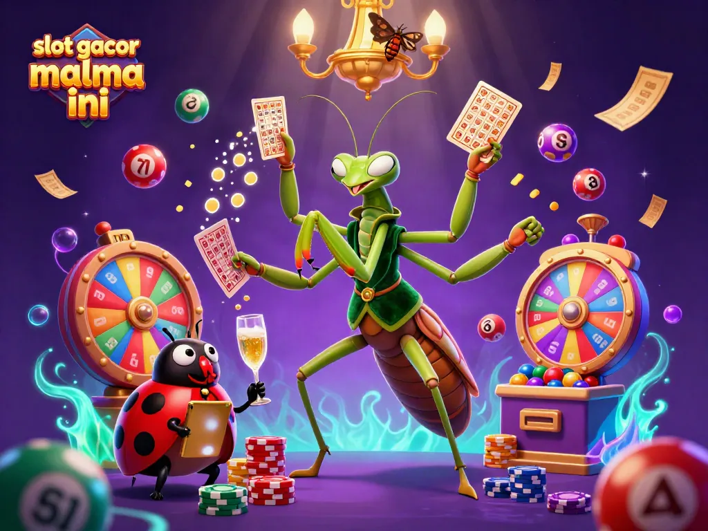 Win big with slot gacor malma ini as a giant praying mantis deals cards in a vibrant casino scene.