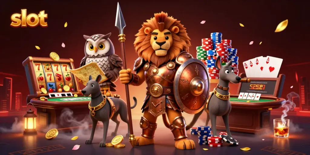 Slot menarik dengan karakter kartun dalam armor kuningan dan simbol permainan slot yang berkilau.