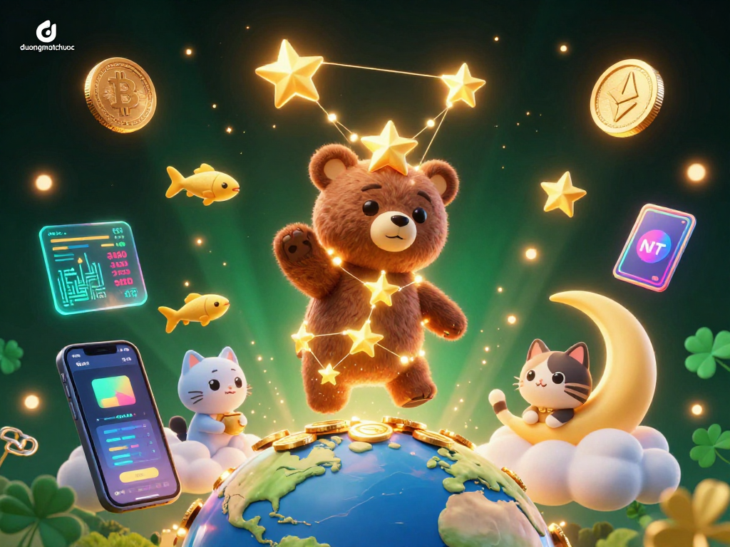 Experience duongmatchuoc's thrilling adventure as a constellation bear scoops crypto coins amidst vibrant stars.
