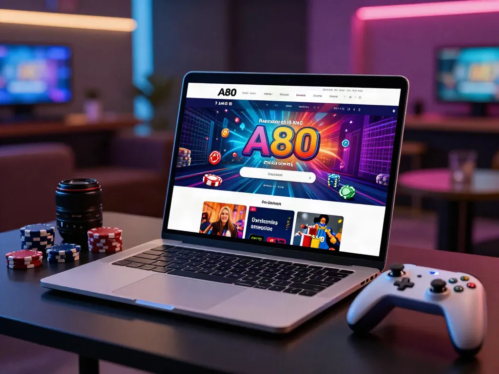 A80 website displayed on a laptop amidst colorful gaming elements in a modern lounge.