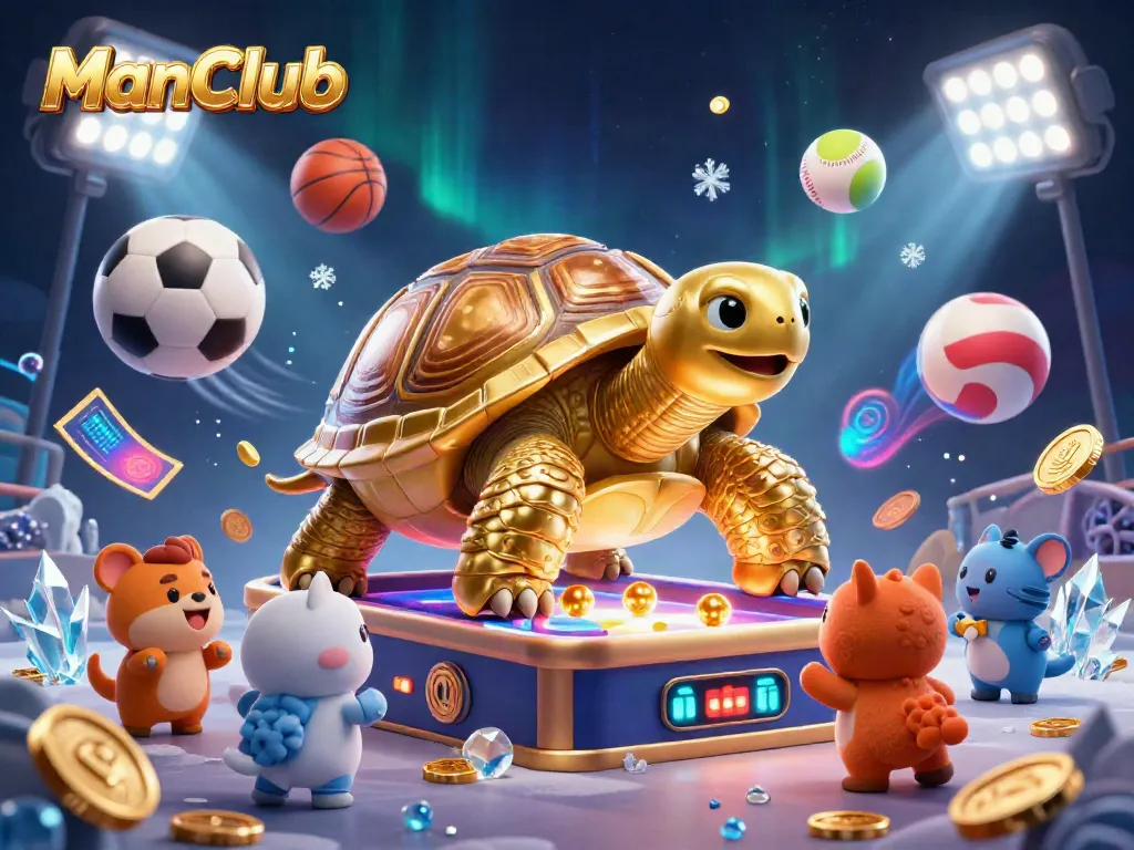 Experience excitement at ManClub with a grand tortoise slot machine and vibrant casino elements.