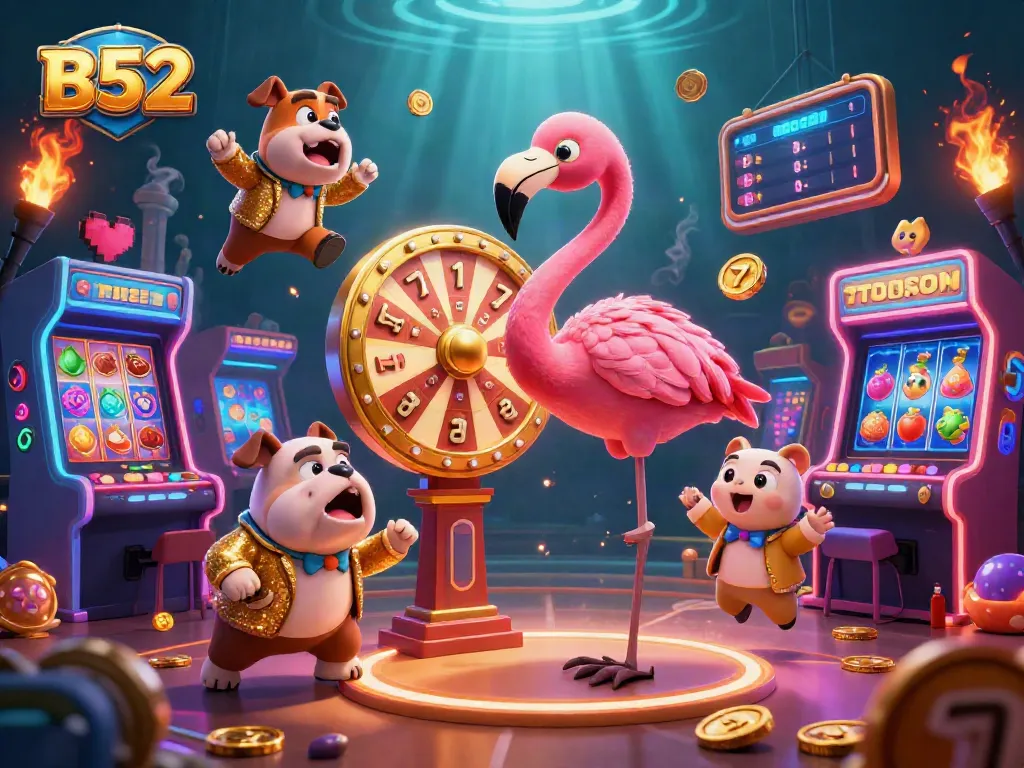 Engage with the vibrant B52 casino scene featuring a game show host, contestant, and prizes.