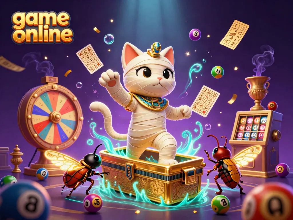 Experience exciting game online action with an Egyptian mummy cat and vibrant elements in this dynamic casino scene.