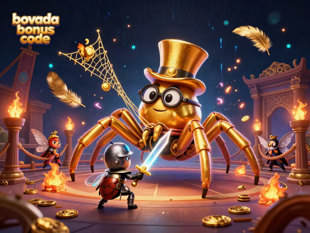 Engage with the vibrant Bovada bonus code scene featuring a golden tarantula and heroic beetle amidst swirling casino elements.