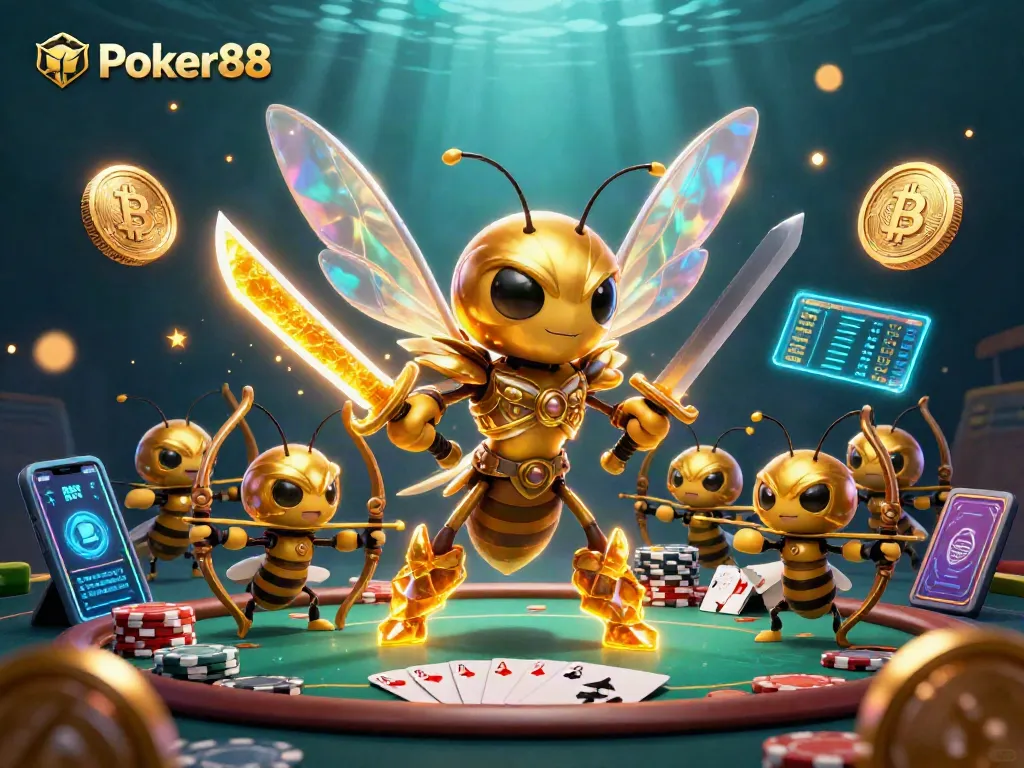 Engage in the vibrant world of Poker88 with an ultra-detailed scene featuring poker elements and 3D characters.