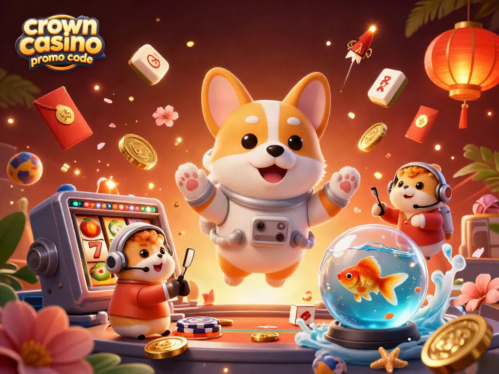 Crown coins casino promo code floats in a vibrant space casino scene with an astronaut corgi and playful elements.