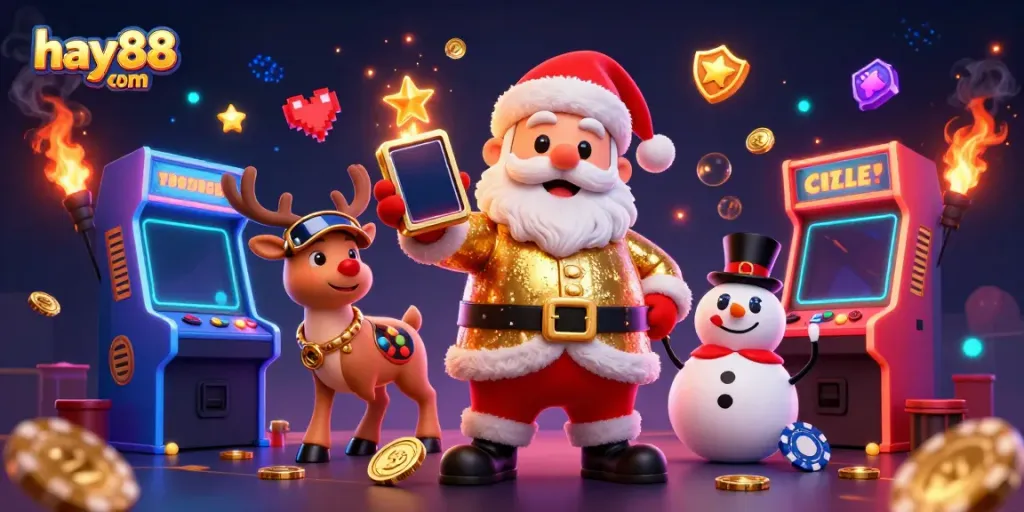 Experience the excitement of betting like on hay88 com with Santa and friends in a vibrant casino scene.