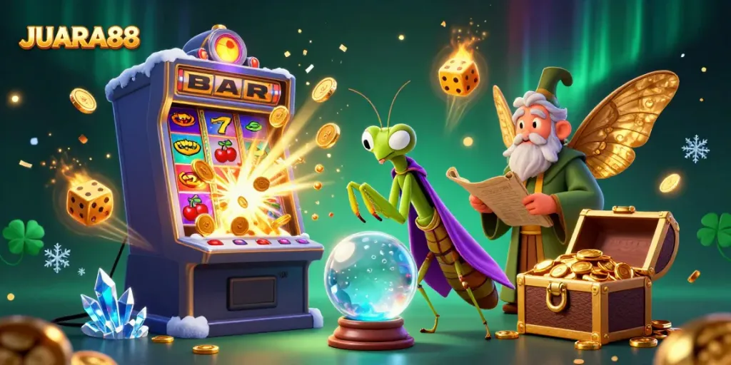 Engage in exhilarating gameplay with JUARA88's vibrant digital casino experience featuring colorful slot symbols.