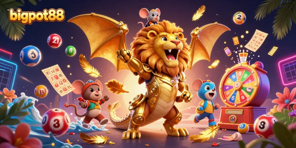 bigpot88 menghadirkan ilustrasi seru dengan chimera dan bola lotere yang dinamis.