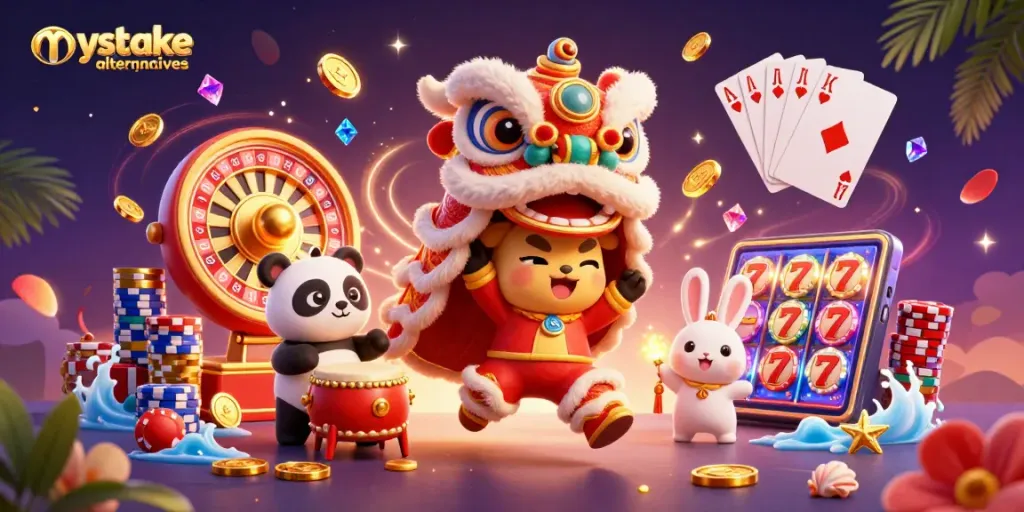 Experience exciting gaming adventures with mystake alternatives featuring a colorful lion dance and casino elements.