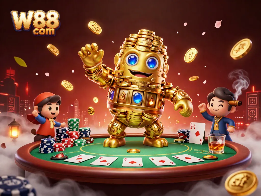 Engage in thrilling gameplay at W88 com with dynamic poker elements and a golden golem character.
