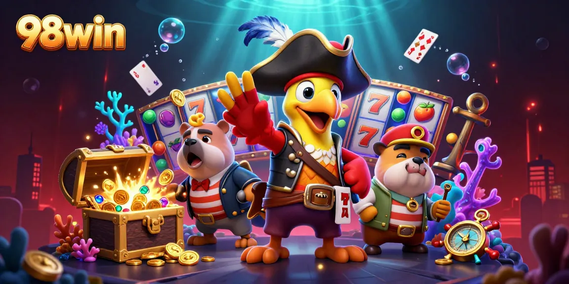 Engage with 98win's thrilling slot gaming adventure featuring colorful characters and treasures.