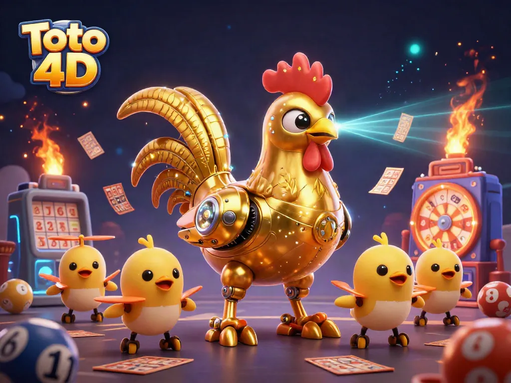 Menangkan Toto 4D dengan robot ayam emas futuristik dalam gambar penuh warna dan detail.