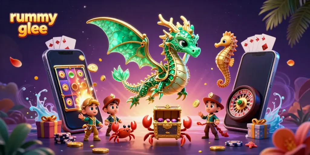 Rummy glee mempersembahkan ilustrasi berupa naga laut 3D berharga yang megah dan berkilau di latar belakang permainan slot.