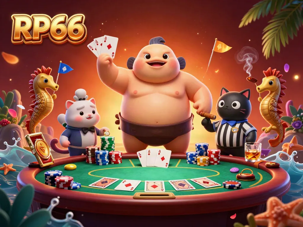 Engage with the vibrant underwater casino scene at RP66 featuring a fugu in a sumo belt surrounded by poker elements.