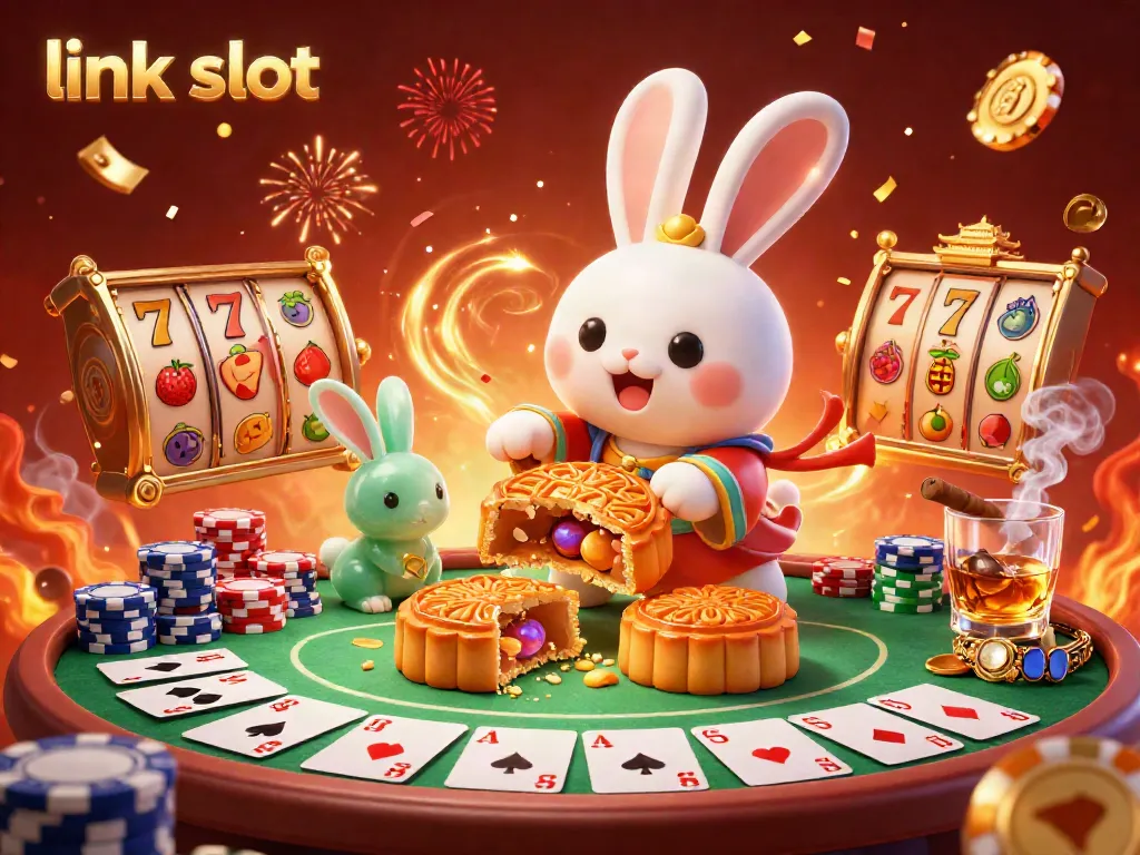 Experience the excitement of link slot with a vivid 3D illustration of the moon rabbit celebrating with poker chips and slot elements.