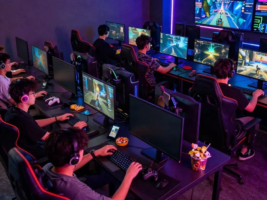 Luxury111 login scene featuring intense gamers immersed in action-filled gameplay.