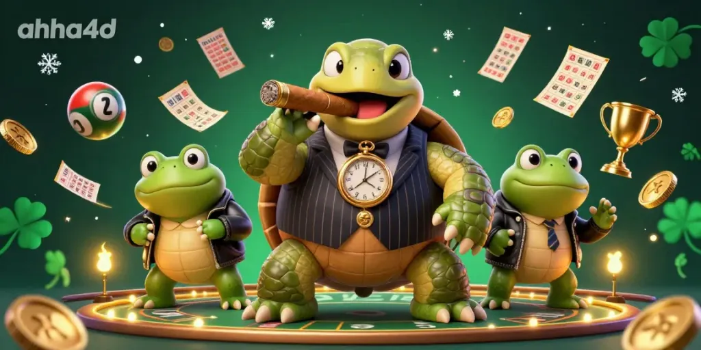 Experience the excitement of ahha4d with a vibrant scene of lottery fun featuring a snapping turtle and bullfrog enforcers.