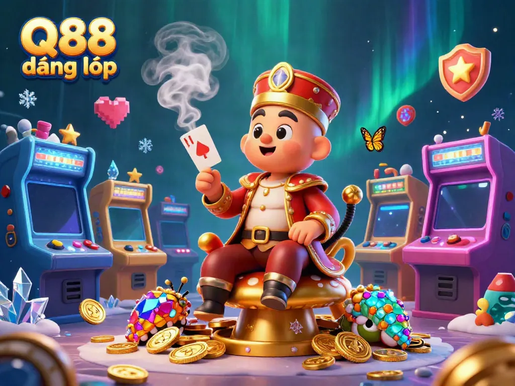 Experience the vibrant Q88 đăng nhập scene with a cartoon caterpillar master at a golden throne, surrounded by casino game elements.