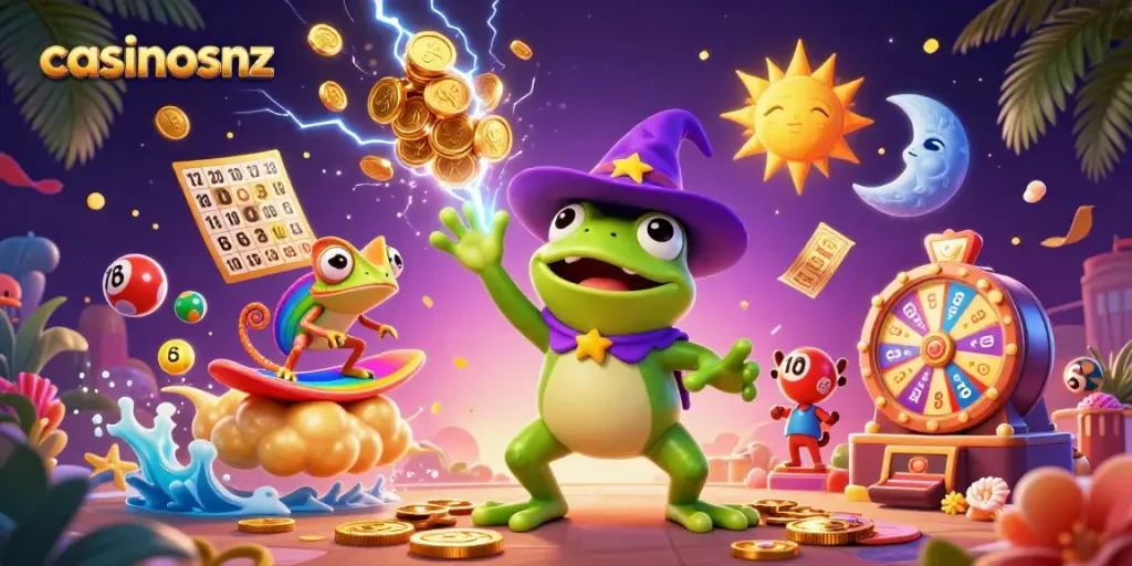 Win big with casinosnz as a weather wizard frog conjures golden coins amidst a colorful gaming scene.