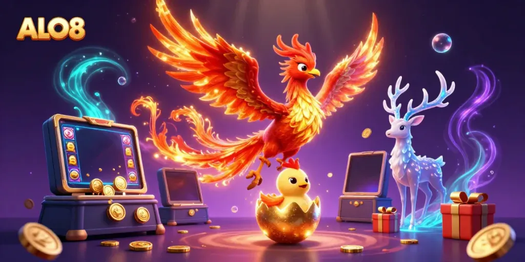 Experience excitement with ALO8's vibrant casino-themed 3D illustration featuring a phoenix and gaming elements.
