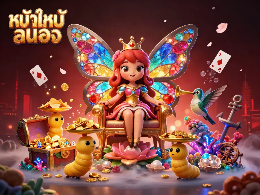 Experience หนังใหม่ชนโรง in a vibrant and dynamic casino-themed illustration featuring a magical butterfly queen.