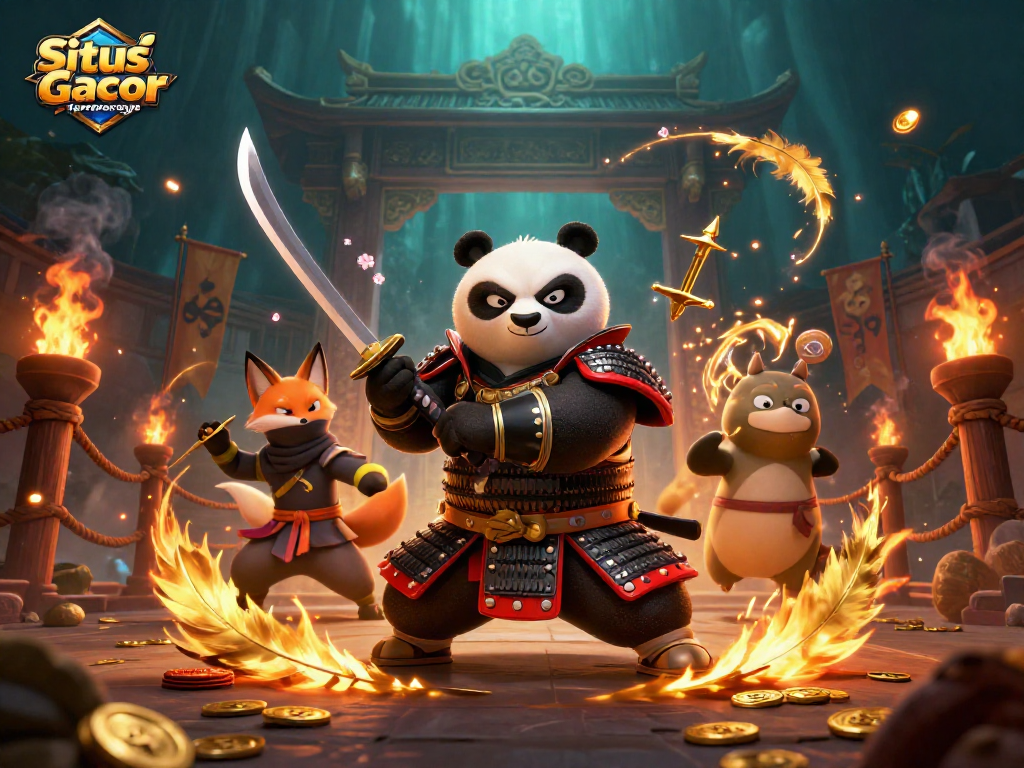 Situs Slot Gacor Terpercaya showcases an adventurous scene with dynamic characters and vibrant gambling elements.
