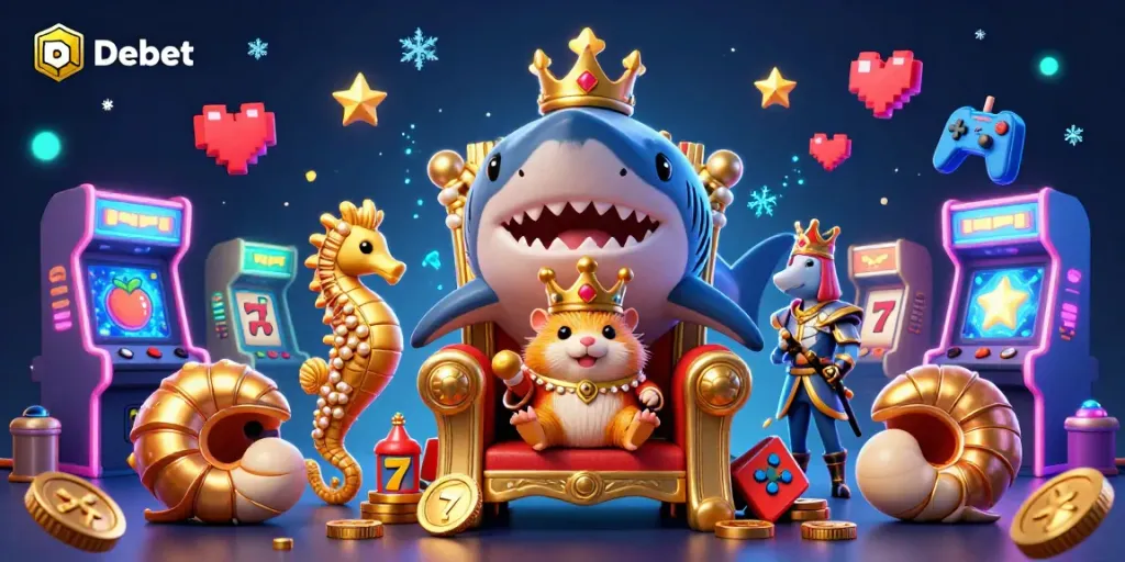 Spin to win with Debet in a vibrant 3D casino realm featuring arcade games and royal figures.