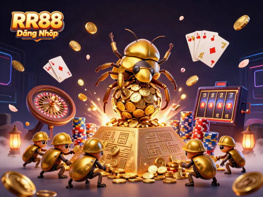 Engage in the thrill of RR88 Đăng Nhập with a vibrant casino scene featuring golden beetles and gambling elements.