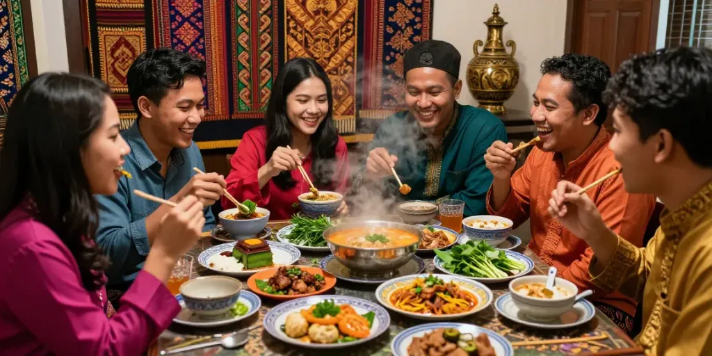 Friends sharing traditional Nyonya food in a festive setting, showcasing nyonya4d culture.
