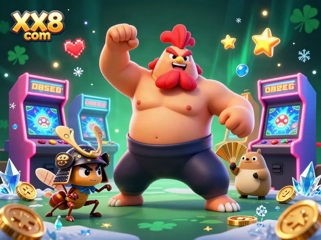 Betting action at XX8 com showcases vibrant characters in a lively 3D casino scene.