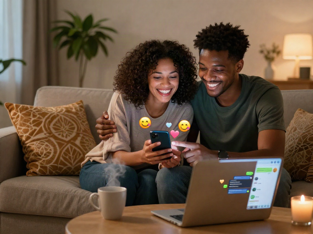 Engaging in a sex ai chat, a couple enjoys a cozy conversation in a warm living room.