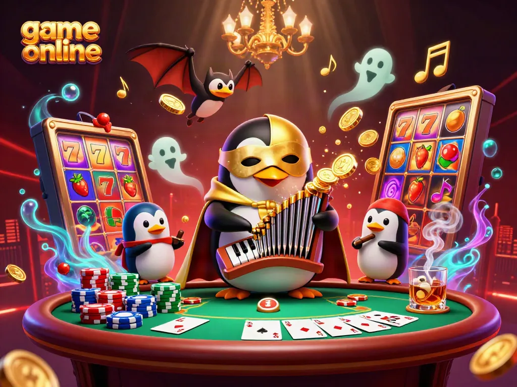 Engaging scene of a 3D cartoon penguin playing a pipe organ amidst vibrant casino elements, showcasing game online.