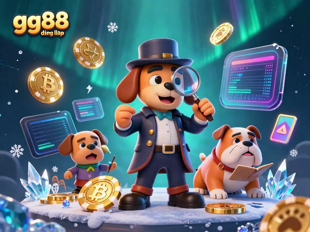 Engage with gg88 đăng nhập in an exciting casino adventure featuring a detective and his bulldog companion amidst floating crypto coins.