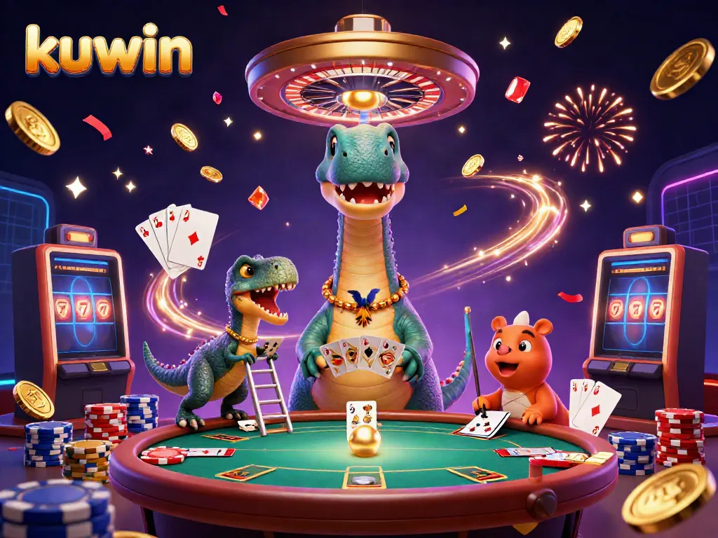 Kuwin brings joy as a giant dinosaur overlooks a poker table with colorful casino decor.