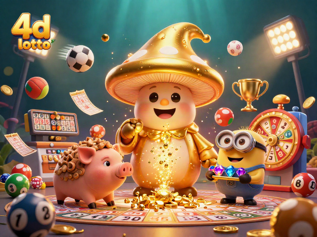 Experience the magic of 4d lotto in this vibrant 3D illustration featuring lottery-themed characters.
