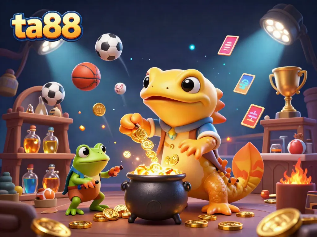 Experience ta88 with this immersive 3D depiction showcasing a golden salamander alchemist working amid sports betting elements, perfect for gamers.