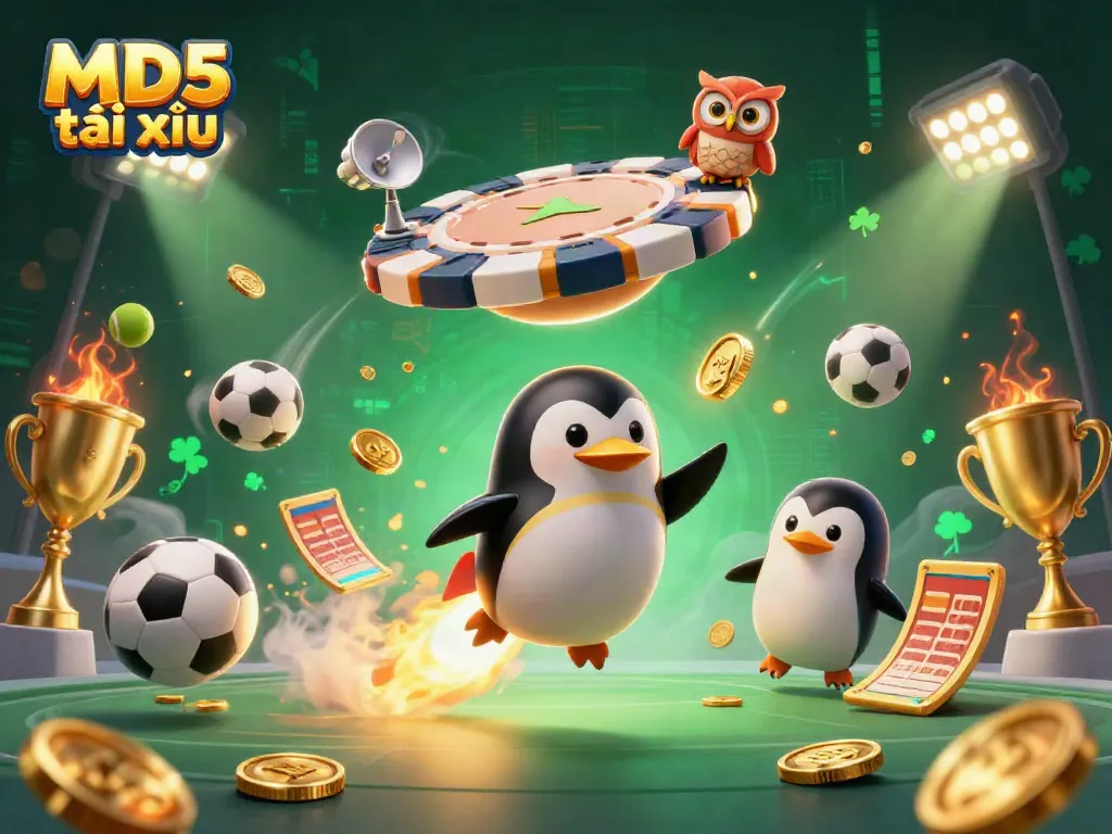 Bet on MD5 tài xỉu with a golden penguin racing towards a dazzling casino space station.