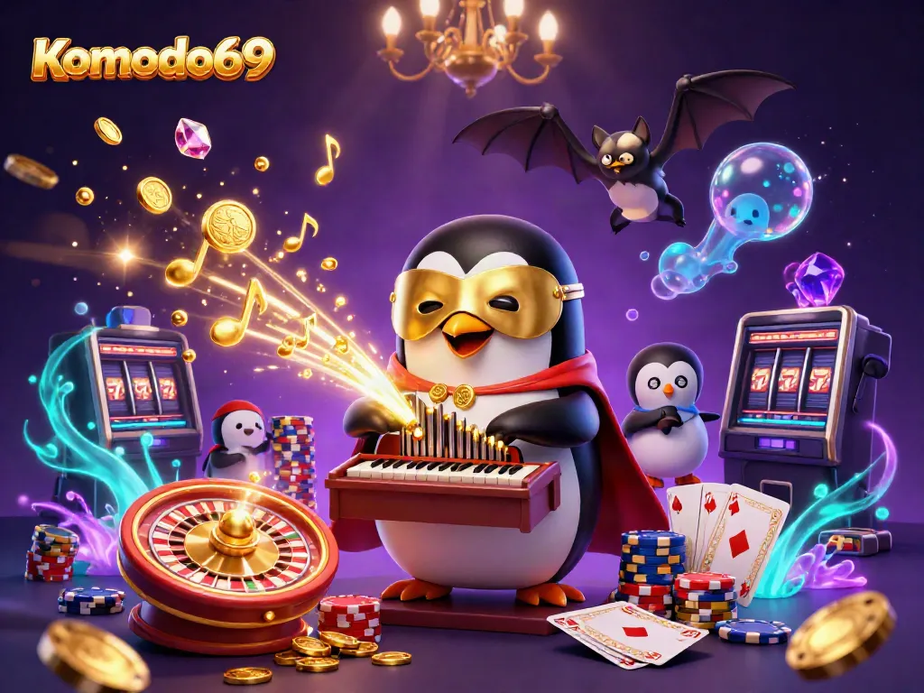 Permainan kasino Komodo69 dengan karakter kartun 3D menarik dan koin emas berhamburan.