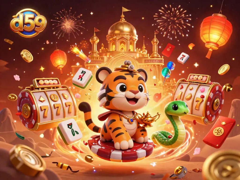 Engage with d59's thrilling slots as a 3D Arabian Nights-themed sultan unveils jackpots amidst festive decorations.
