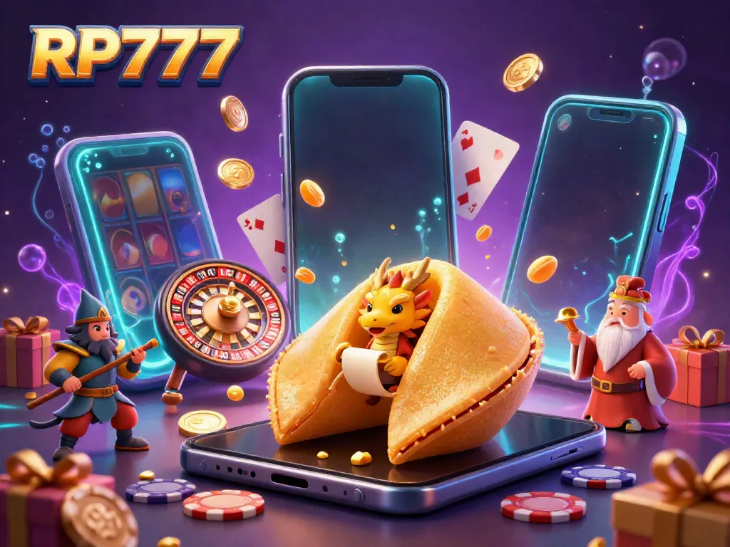 Experience the excitement of RP777 with a dynamic casino-themed illustration featuring a giant golden fortune cookie, a wise dragon, and vibrant game elements.