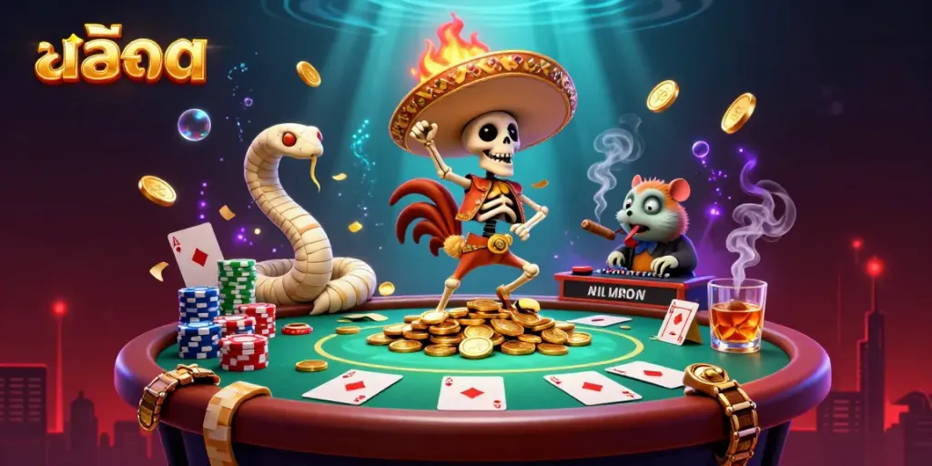 Experience the excitement of สล็อต gaming with a lively 3D illustration of animated characters celebrating on a pile of coins.