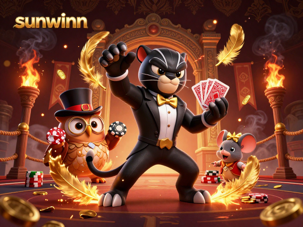 Sunwinn mang đến trải nghiệm giải trí sôi động với hình ảnh động vật dễ thương trong không gian casino.
