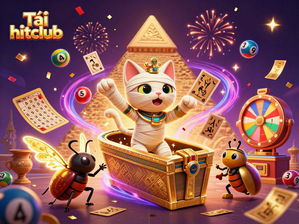 Tải hitclub with Egyptian mummy cat and glowing scarab beetle in vibrant casino illustration
