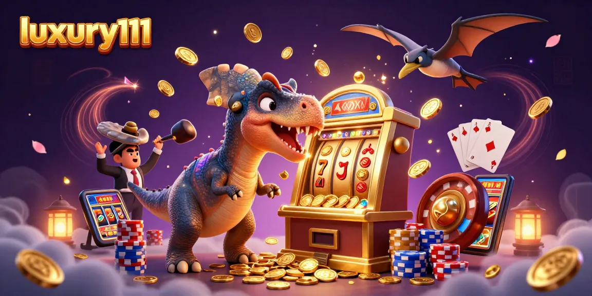 Luxury111 illuminates a vibrant casino scene with animated dinosaurs celebrating a jackpot.