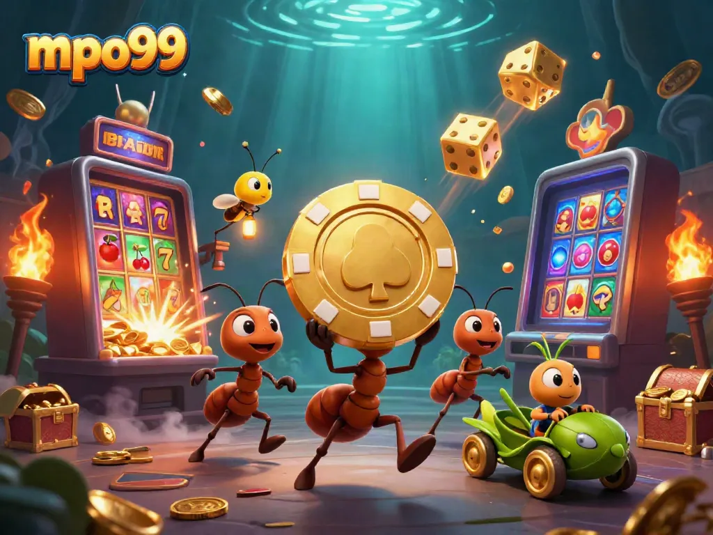 MPO99 menyajikan heist tim semut 3D yang membawa chip poker emas raksasa di tengah slot dengan simbol keberuntungan dan efek confetti.
