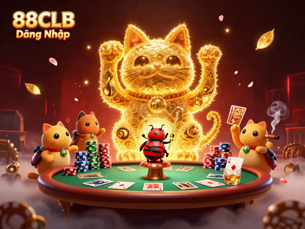 Experience the excitement of 88CLB Đăng Nhập with a vibrant lucky cat surrounded by casino elements.
