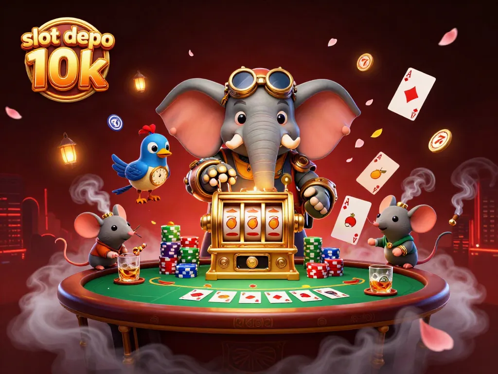 Experience the excitement of slot depo 10k with a dynamic steampunk-themed casino scene featuring vibrant characters and game elements.