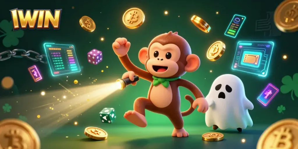 Engage with IWIN's vibrant gaming universe featuring a playful monkey and a curious puppy in a haunted casino scene.
